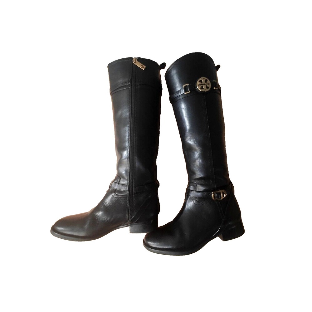 Tory Burch Calista Black Leather Tall Riding Boots, Size 7M, Preppy Classic